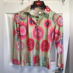Ladies Flower Power LS Golf Polo Style Shirt Sz XS